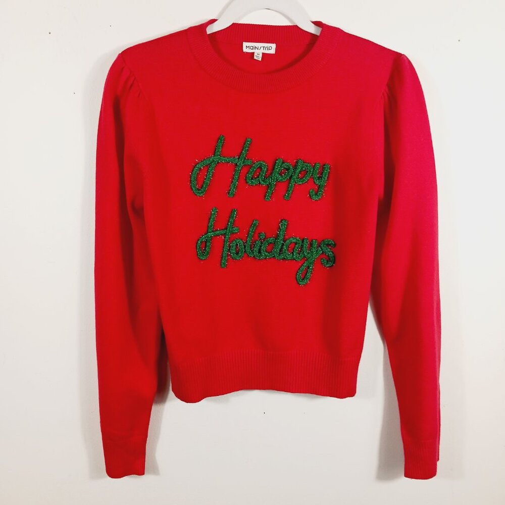 Main Strip, Happy Holidays Tinsel Sweater, Red W/ Green SZ MED, Novelty, Festive - Picture 3 of 15